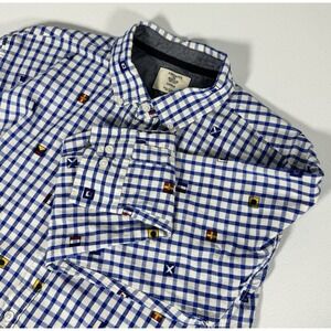 Artistry In Motion Gingham Button Down‎ LS Shirt Blue Flags Print Mens L